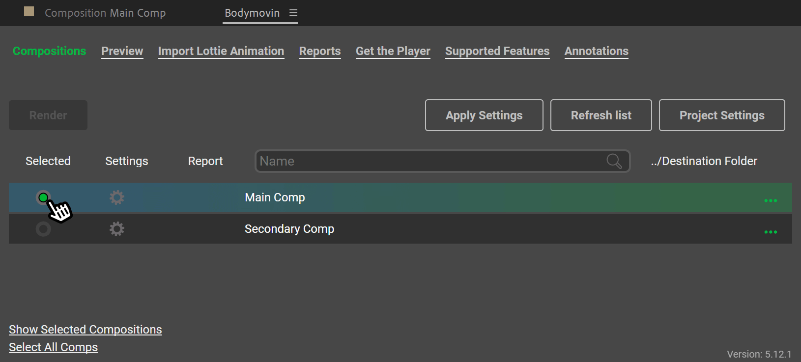 Selecting composition to export