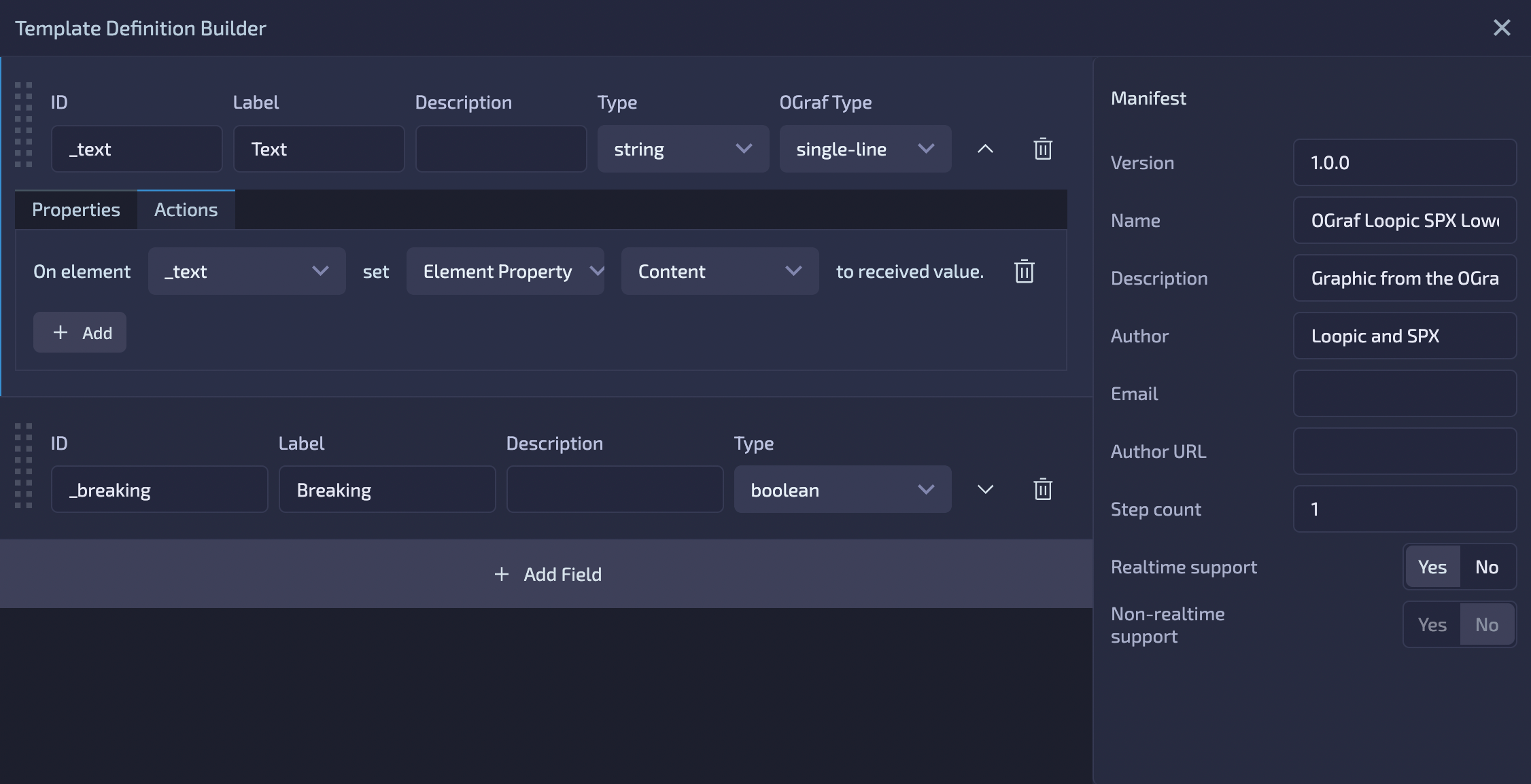 Template Definition Builder with OGraf schema
