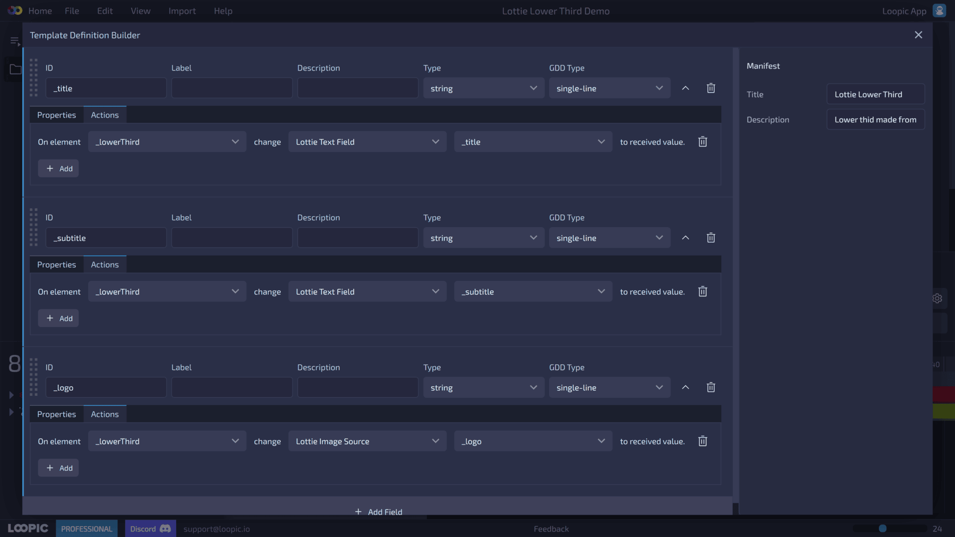 Template Definition Builder with Lottie actions