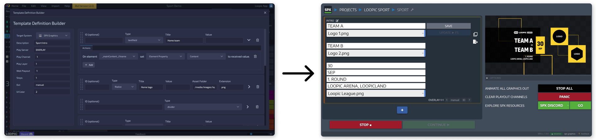 Loopic's Template Definition Builder mapping to SPX Graphics